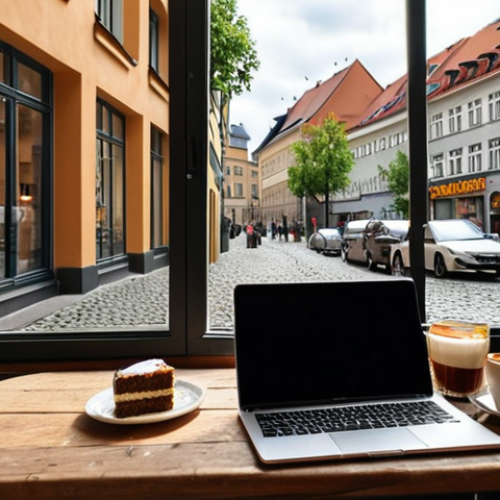 **

A digital nomad working at a cozy café in Berlin. Laptop open, enjoying a "Kaffee und Kuchen," with cobblestone streets visible through the window. Focus on the relaxed atmosphere and the blend of work and leisure.

**