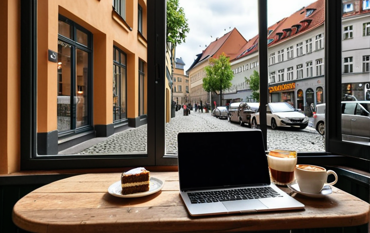 **
A digital nomad working at a cozy café in Berlin. Laptop open, enjoying a "Kaffee und Kuchen," with cobblestone streets visible through the window. Focus on the relaxed atmosphere and the blend of work and leisure.
**