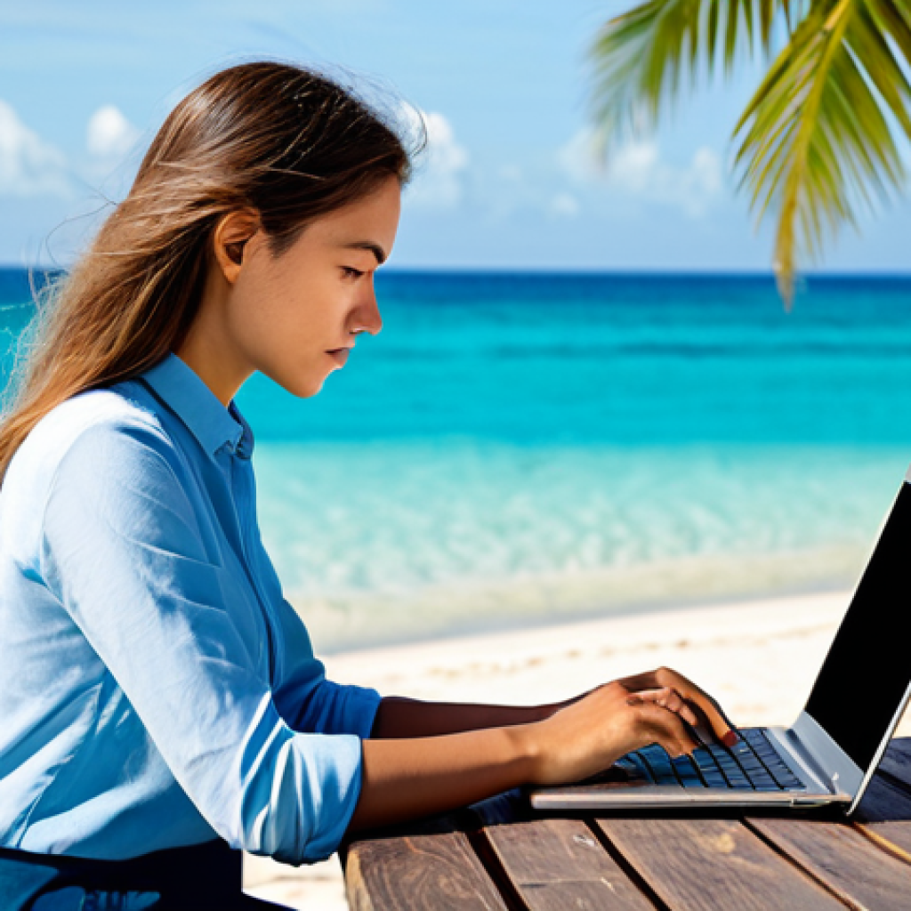 A young professional digital nomad, dressed in modest, comfortable yet professional attire, is seated with a laptop on their lap at a rustic wooden table on a beautiful tropical beach. The person looks slightly pensive or distracted, gazing out at the serene ocean, but the laptop clearly signifies a lingering connection to work. The scene captures the blurred lines between work and leisure, highlighting the challenge of true disconnection in a "workation" setting. The background features clear blue water and lush palm trees under a bright, sunny sky. fully clothed, appropriate attire, safe for work, perfect anatomy, natural proportions, well-formed hands, proper finger count, natural body proportions, professional photography, high quality, family-friendly.