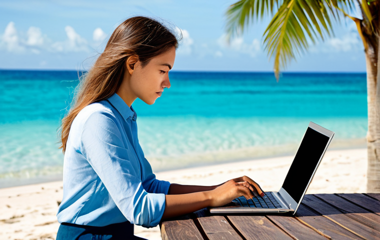 A young professional digital nomad, dressed in modest, comfortable yet professional attire, is seated with a laptop on their lap at a rustic wooden table on a beautiful tropical beach. The person looks slightly pensive or distracted, gazing out at the serene ocean, but the laptop clearly signifies a lingering connection to work. The scene captures the blurred lines between work and leisure, highlighting the challenge of true disconnection in a "workation" setting. The background features clear blue water and lush palm trees under a bright, sunny sky. fully clothed, appropriate attire, safe for work, perfect anatomy, natural proportions, well-formed hands, proper finger count, natural body proportions, professional photography, high quality, family-friendly.