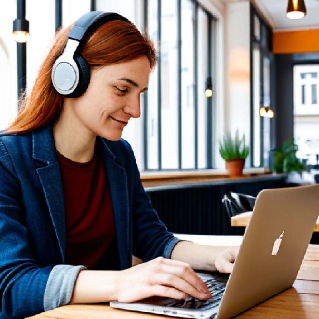 **
"A digital nomad woman in her late 20s, wearing comfortable but stylish clothing (jeans and a casual blazer), working on a laptop at a bright and airy café in Berlin. She has noise-canceling headphones on. In the background, you see the trendy neighborhood of Prenzlauer Berg. Focus on the feeling of productive work and modern life. Perfect anatomy, correct proportions, well-formed hands, proper finger count, natural pose, fully clothed, appropriate attire, professional, safe for work."
**