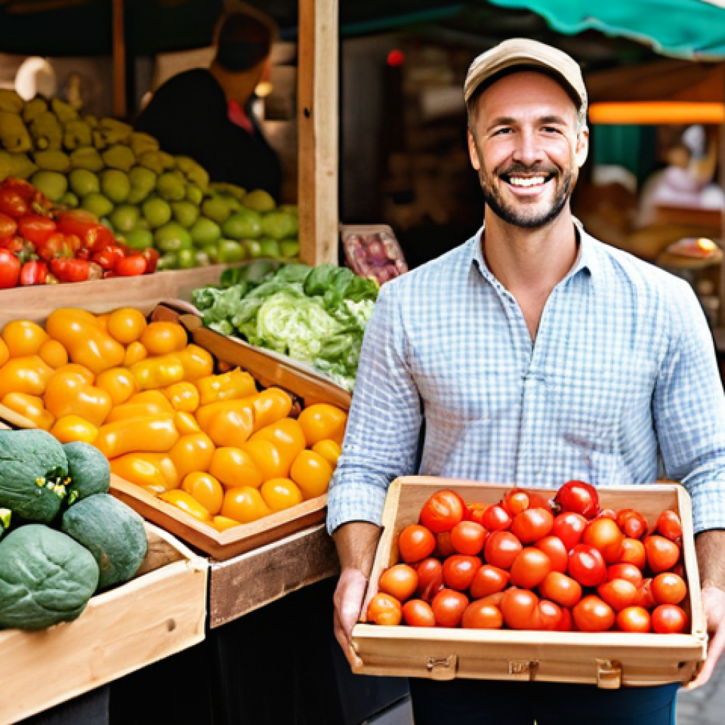 디지털 노마드를 위한 식습관 및 영양 관리 - **Vibrant Local Market Exploration for a Digital Nomad:**
A cheerful digital nomad, approximatel...