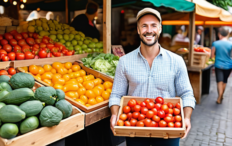 디지털 노마드를 위한 식습관 및 영양 관리 - **Vibrant Local Market Exploration for a Digital Nomad:**
A cheerful digital nomad, approximatel...