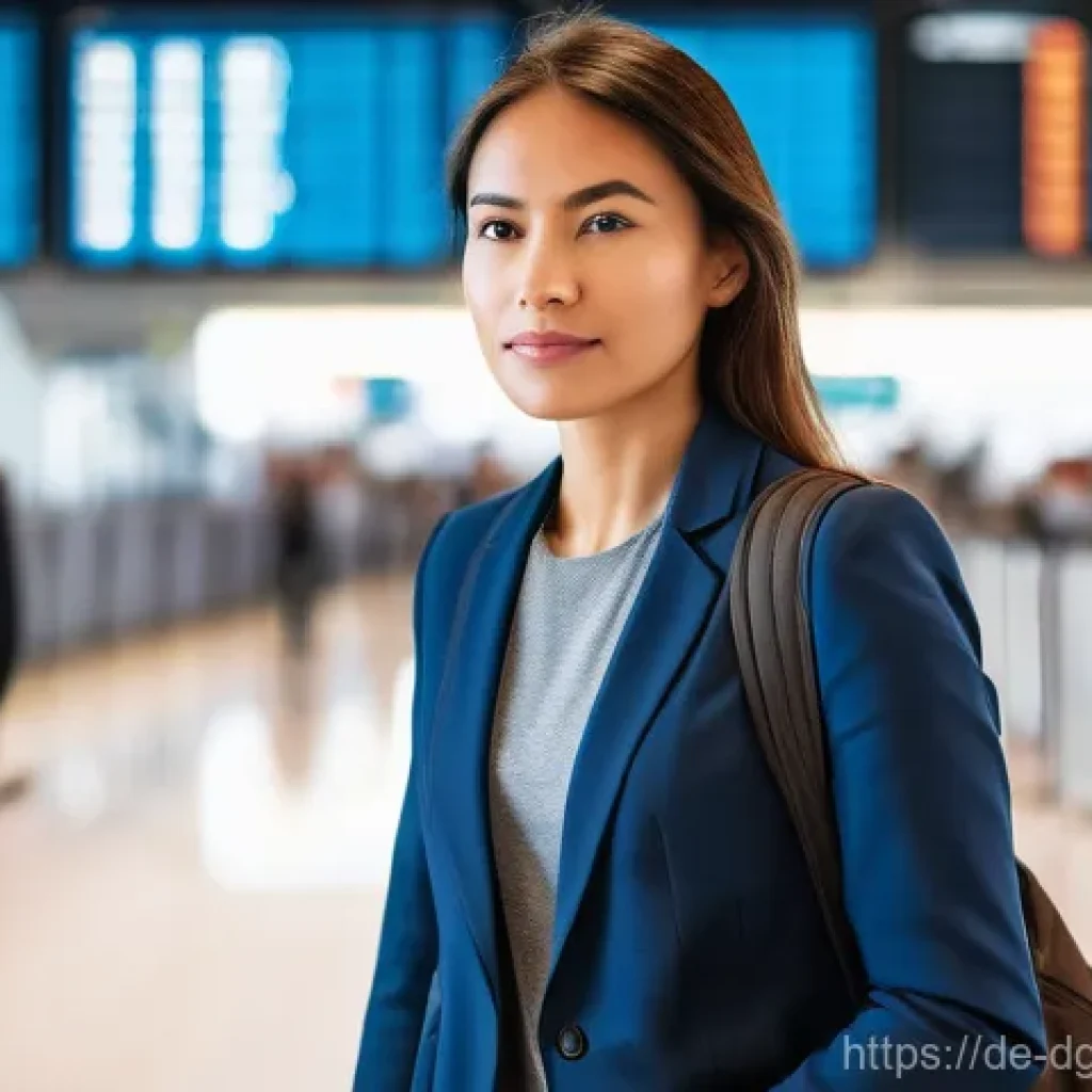 디지털 노마드가 추천하는 여행 보험 - A dynamic, eye-level shot of a female digital nomad (28-38 years old, diverse ethnicity), dressed in...