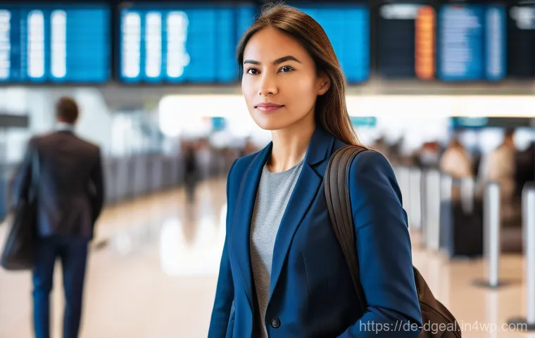 디지털 노마드가 추천하는 여행 보험 - A dynamic, eye-level shot of a female digital nomad (28-38 years old, diverse ethnicity), dressed in...