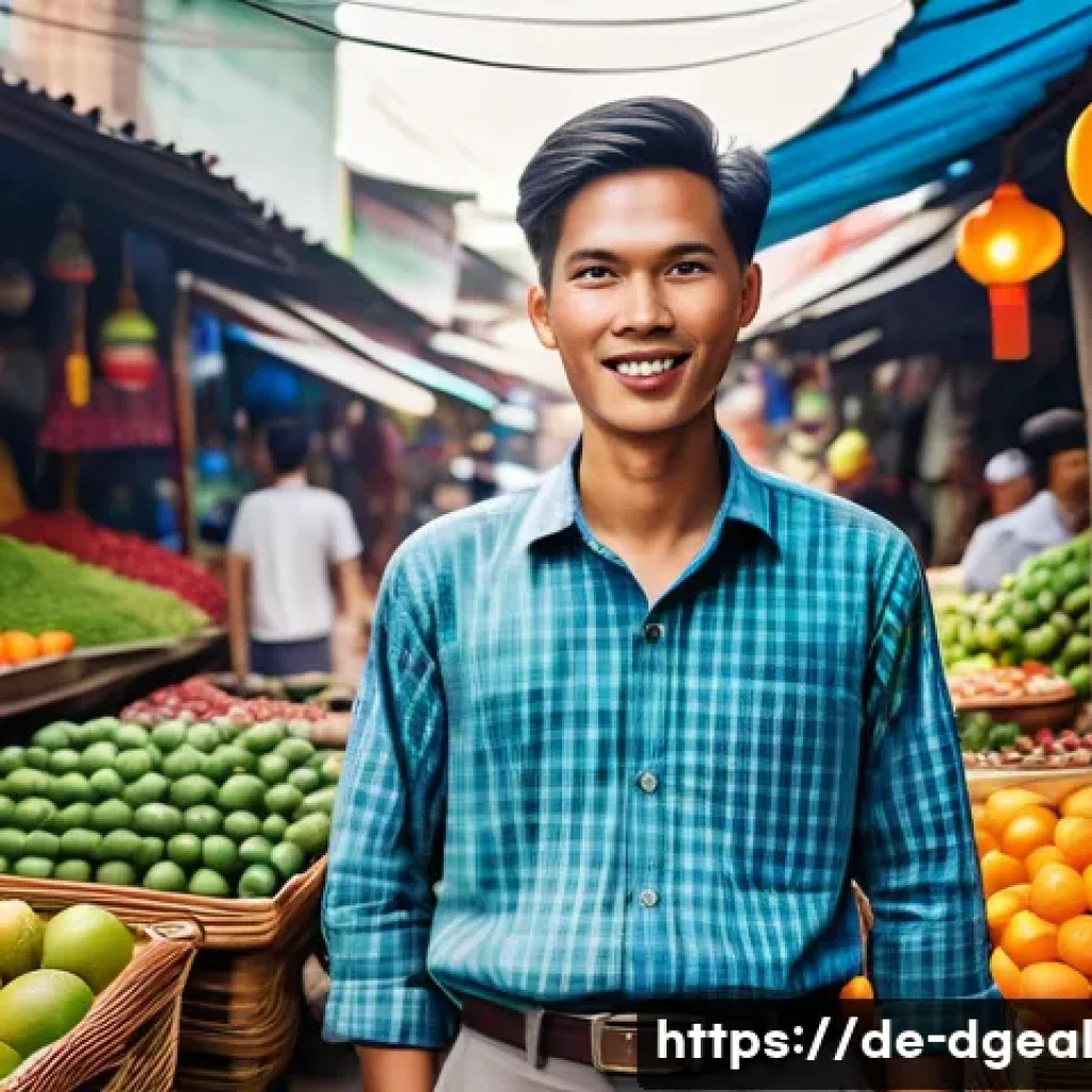 디지털 노마드가 마주하는 윤리적 문제 - A respectful digital nomad in a vibrant Southeast Asian local market, wearing modest, culturally app...