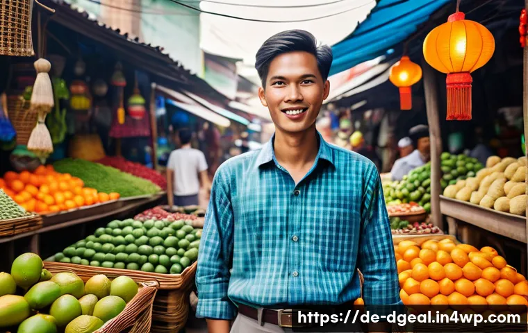 디지털 노마드가 마주하는 윤리적 문제 - A respectful digital nomad in a vibrant Southeast Asian local market, wearing modest, culturally app...