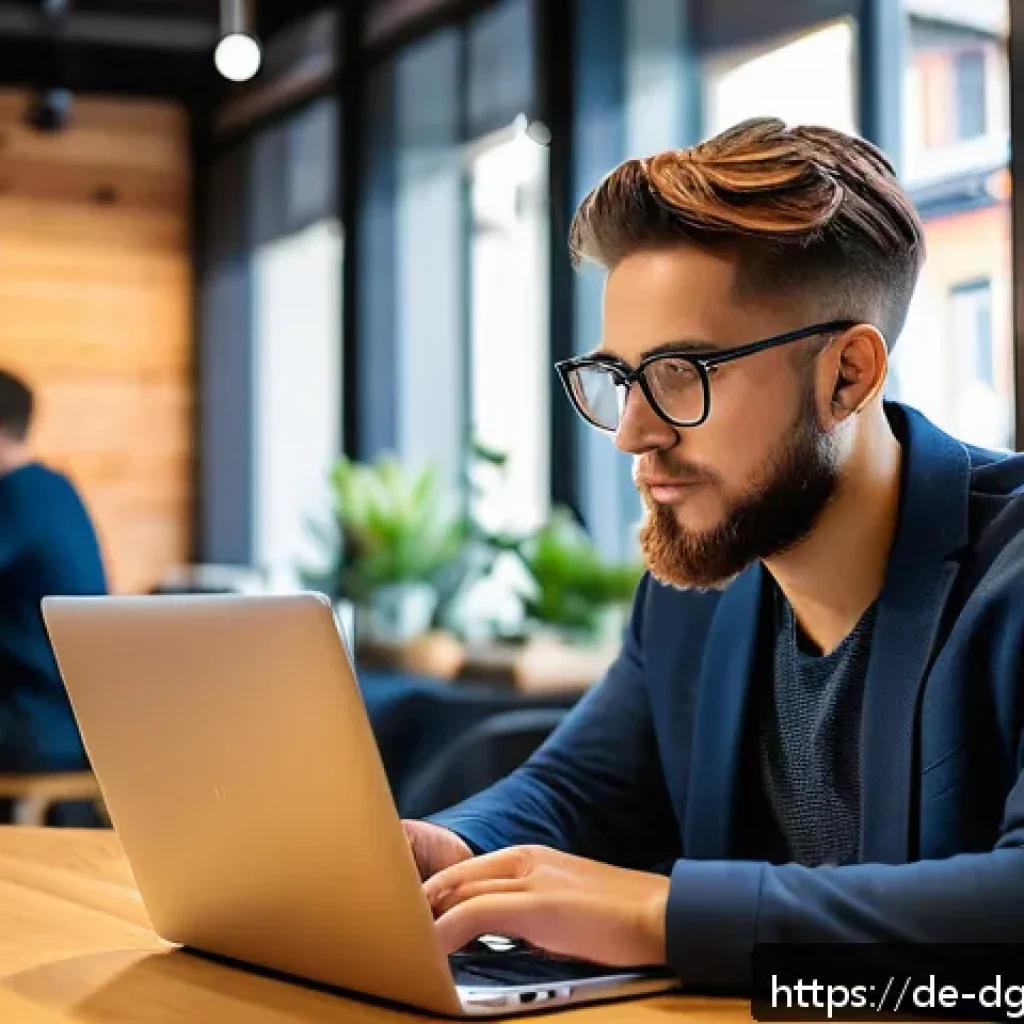 디지털 노마드의 데이터 보호 및 보안 전략 - A young professional working on a laptop in a modern European café, wearing casual smart attire and ...