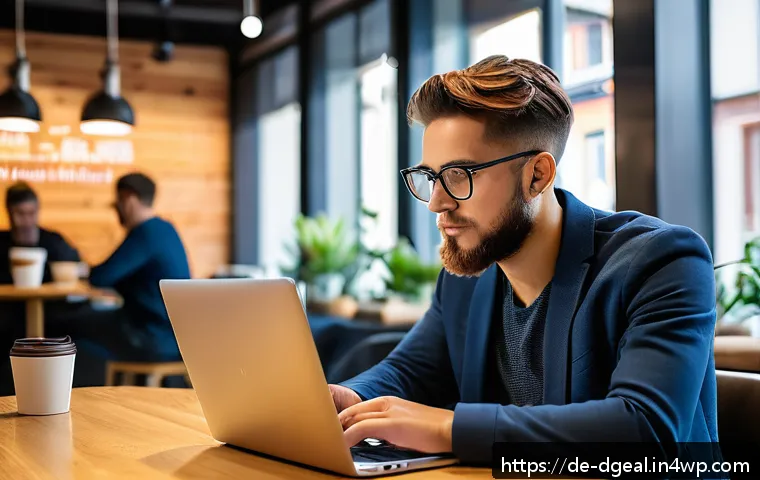 디지털 노마드의 데이터 보호 및 보안 전략 - A young professional working on a laptop in a modern European café, wearing casual smart attire and ...