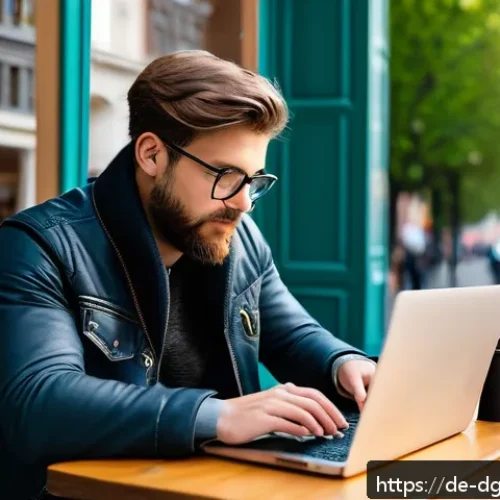 Home 31 디지털 노마드가 알아야 할 안전 수칙 - A professional digital nomad working on a laptop in a cozy European café, surrounded by subtle eleme...