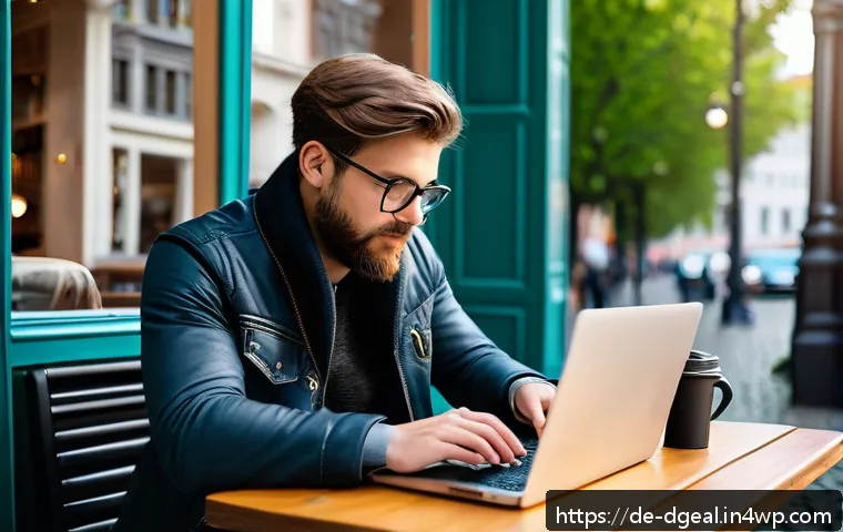 디지털 노마드가 알아야 할 안전 수칙 - A professional digital nomad working on a laptop in a cozy European café, surrounded by subtle eleme...