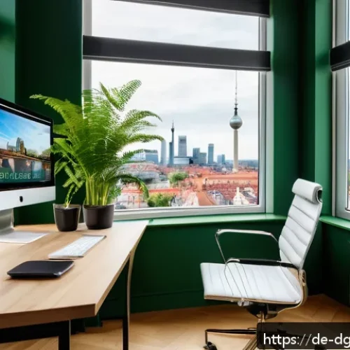 Home 30 디지털 노마드의 원격 근무 환경 구축 - A modern home office setup in a bright room typical of a German apartment, featuring an ergonomic of...