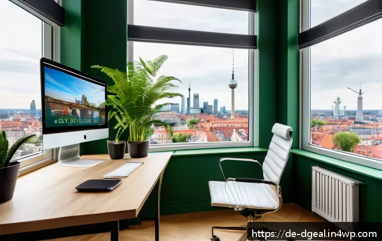 디지털 노마드의 원격 근무 환경 구축 - A modern home office setup in a bright room typical of a German apartment, featuring an ergonomic of...